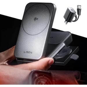 LISEN Qi2 Certified 15W for Magsafe Fast Charger for iPhone 17 Pro Max, Foldable 3-in-1 Charging Station Wireless Includes Charging Cable and Charger, for Apple Multiple Devices AirPods Apple Watch