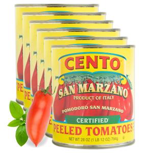 Cento Certified San Marzano Whole Peeled Tomatoes, 28 Oz (Pack of 6), Canned Plum Tomatoes in Thick Puree with Basil, Grown and Processed in Italy (EXP 08/31/29)