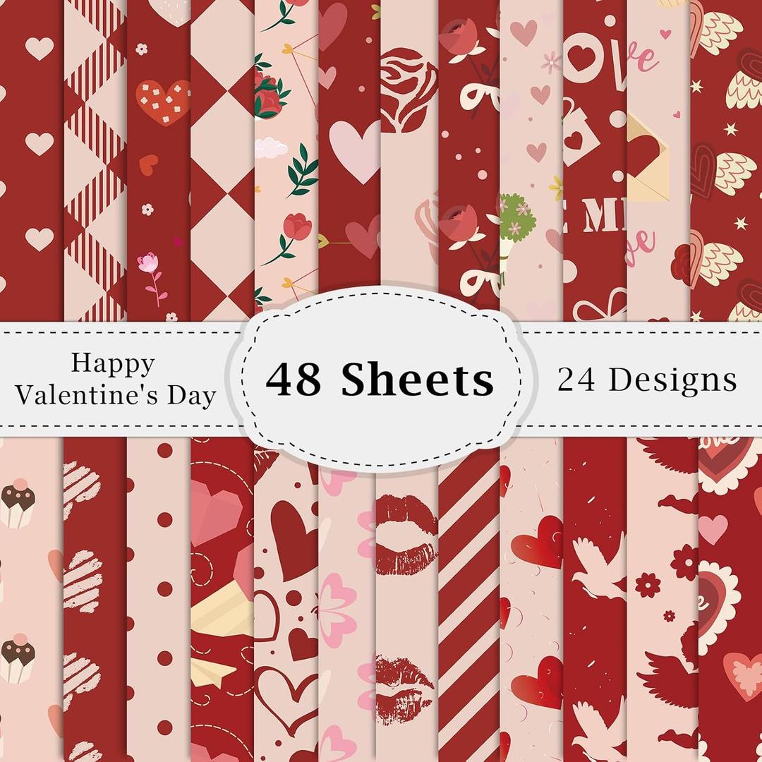 48PCS Valentines Scrapbook Paper 12x12in Vintage Hearts Scrapbook Specialty Papers 24 Styles Retro Love Decorative Paper Folded Flat DIY for Card Making Photo Album Journal Craft Decoration