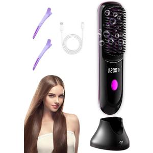 Go Brush Pro Hair Straightener  Cordless Comb with Negative Ion, 6000mAh Fast Heating & Portable Travel Design, Rechargeable Brush for Straightening and Curling (Black-1Pcs)