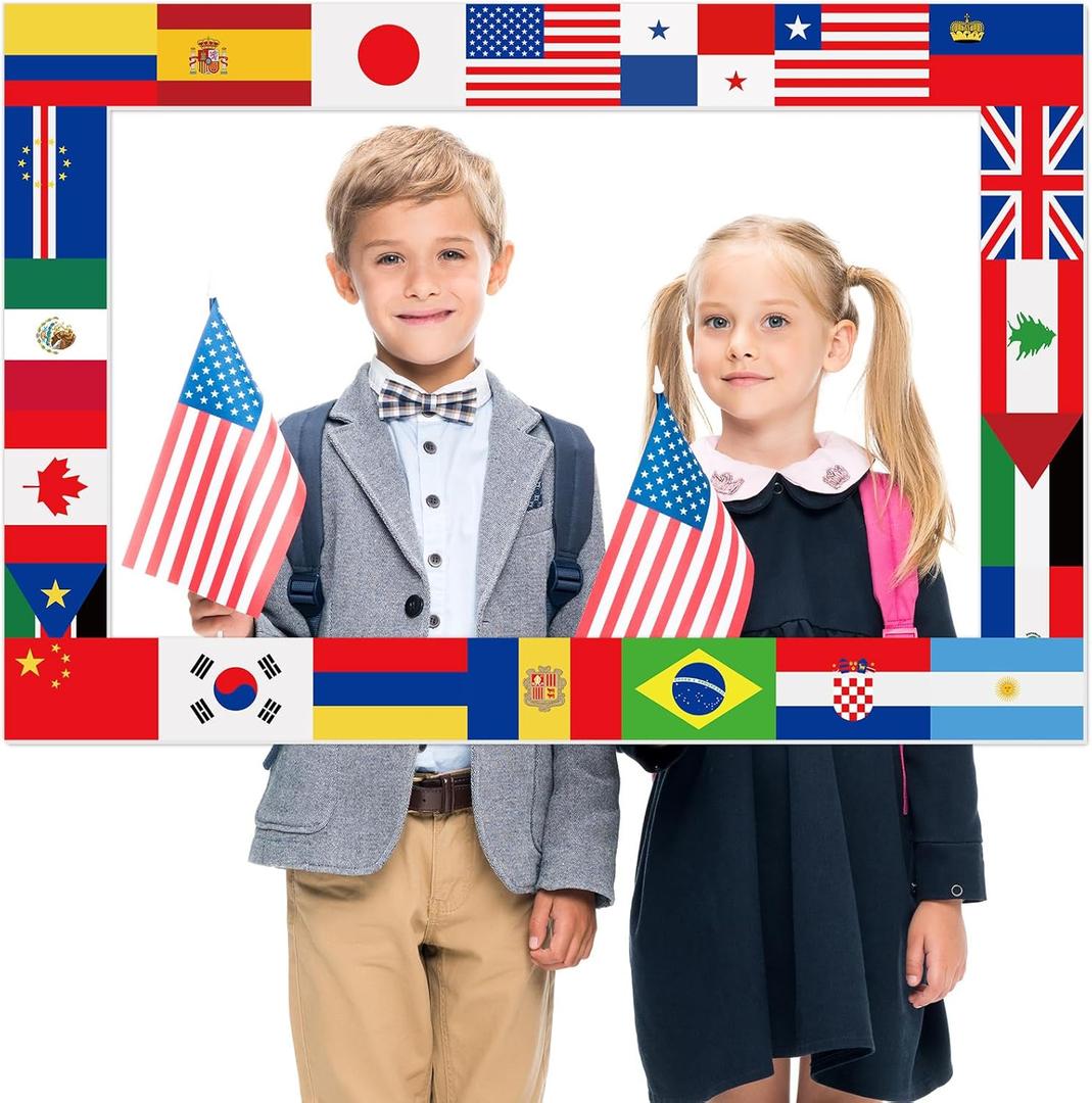 Foam International Flags Photo Prop Around The World Party Decorations International Flags Photo Booth Frame Multicultural Photography Backdrop for Country Sports Events Party Favors,32 x 22 Inch