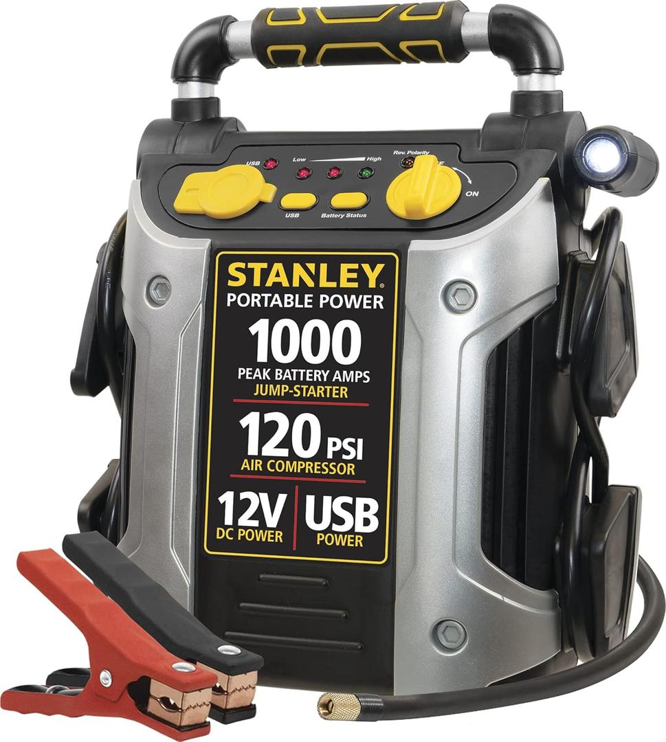 STANLEY J5C09 Portable Power Station Jump Starter 1000 Peak Amp Battery Booster, 120 PSI Air Compressor, USB Port, Battery Clamps 