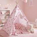 Silipull Teepee Tent for Kids Pink Bow Teepee Tent for Girls Coquette Fabric Playhouse Foldable Children Play Tents for Indoor Outdoor