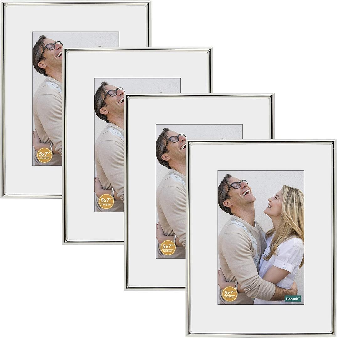 DECANIT 8x10 Picture Frame Set - Silver Metal Thin Frames for Wall or Tabletop Display of 5x7 Photos with Mat or 8x10 Without Mat - Gallery Wall Kit- 4Pack