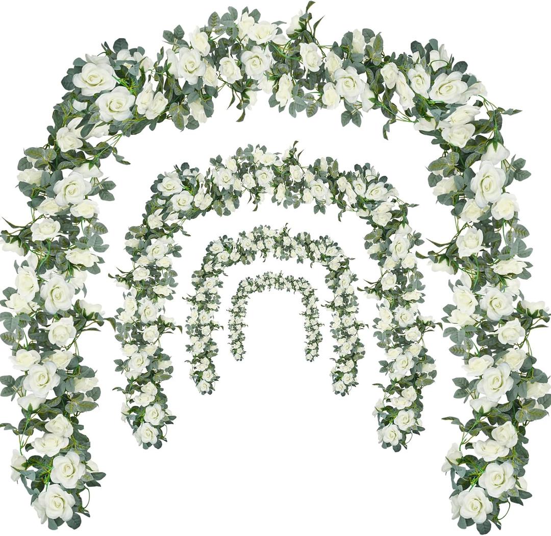 Flower Garland Rose Vine 4Pcs 28FT Artificial Floral Garland with Green Leaves Hanging Rose Vine for Wedding Party Garden Home Wall Decor (White)