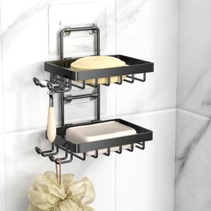 Moforoco Double Soap Bar Holder for Shower, No Drilling, 304 Stainless Steel, Wall Mounted Soap Holder with 4 Hooks and Razor Holder, Shower Rack Soap Tray Bar Soap for Bathroom Accessories Organizer (2-T, Black)
