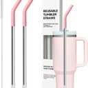 Metal Straws With Silicone Tip For Stanley 40 oz Tumbler,Long Stainless Steel Straws Replacement for Stanley Quencher H1.0 H2.0 40oz Cups,Reusable Dishwasher Safe Fit Simple Modern&Big Size Cups Pink
