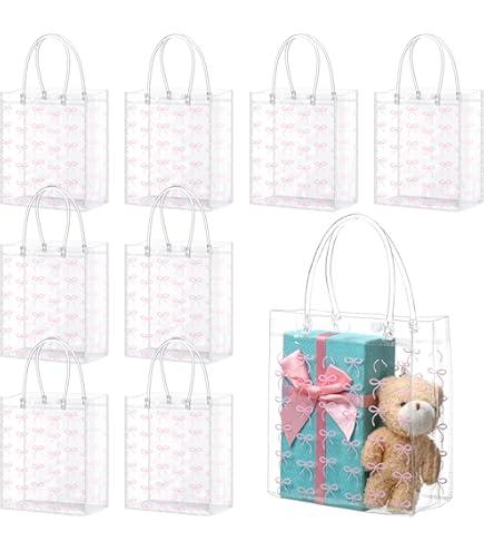 Sweetude 12 Pcs Coquette Pink Bow Party Gift Bags PVC Pink Clear Cheer Goodie Treat Bags with Handle Coquette Birthday Bow Party Favor Small Candy Bag Bulk Reusable Wrap for Bridesmaid Proposal