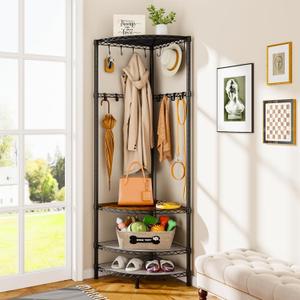 R2 Corner Coat Rack, Coat Rack with 4 Shelves, Shoe and Coat Rack for Entryway, Heavy Duty Coat Rack with 16 Movable Hooks, Entryway Coat Rack for Hallway, Bedroom, and Office, Black