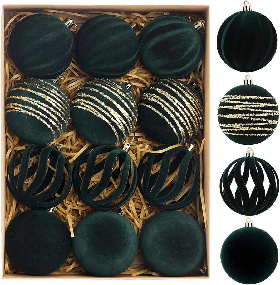 Christmas Ornaments Set of 12, 3.15" Flocked Velvet Balls with Hand Painted Designs, Emerald Green Elegant Christmas Tree Decorations in Gift Box