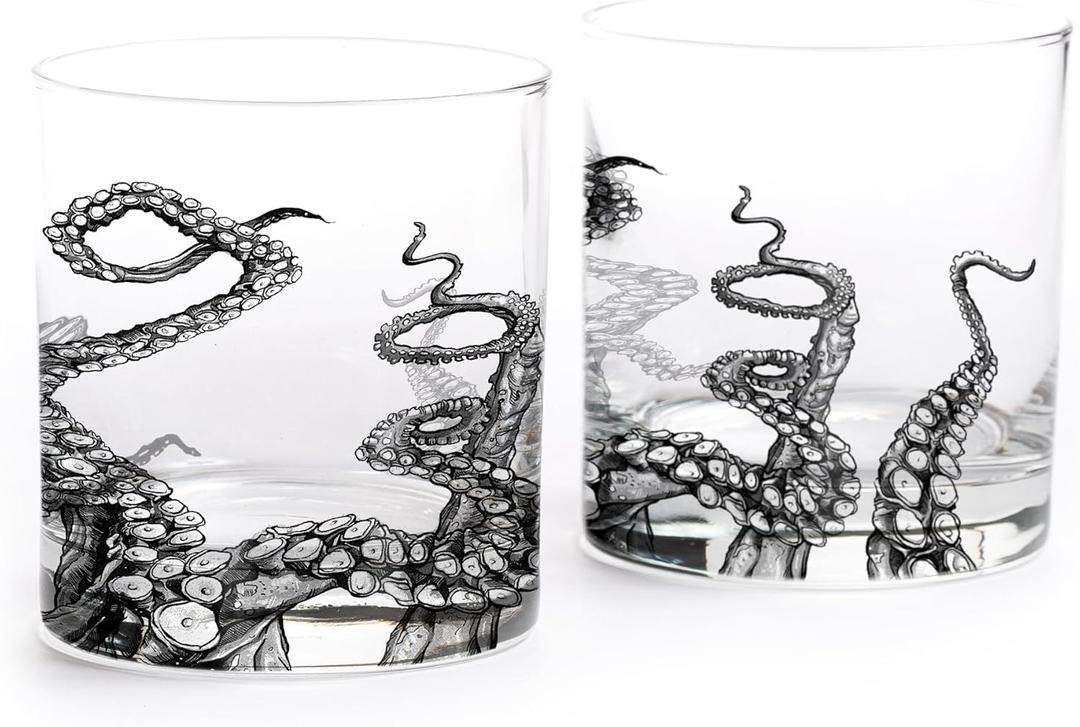 Black Lantern Octopus Tentacle Whiskey Glasses - Set of Two 11oz. Old Fashioned Glasses with Gift Box