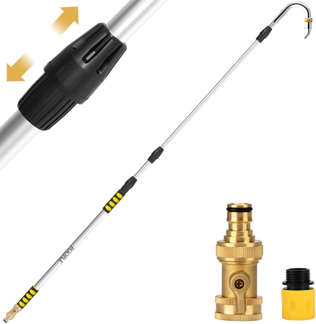 POOPLE Gutter Cleaning Tools from Ground, 16FT Telescoping Pole (24FT Reach) - Heavy-Duty Zinc Alloy Head, 360 Spray Nozzle & Leak-Proof Kit, No Ladder Needed for Roof Gutters