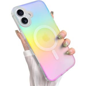 Cute Case for iPhone 16 Case for Women Girls [Compatible with Magsafe] Aesthetic Girly Glitter Bling Rainbow Magnetic Protective Phone Cover, Translucent Iridescent Blue & Pink