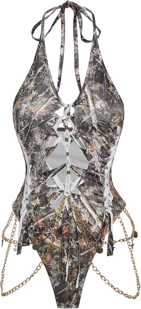Floerns Women's Gothic Cut Out Lace Up Bodysuit Going Out Halter Neck Rave Body Suits (XS)