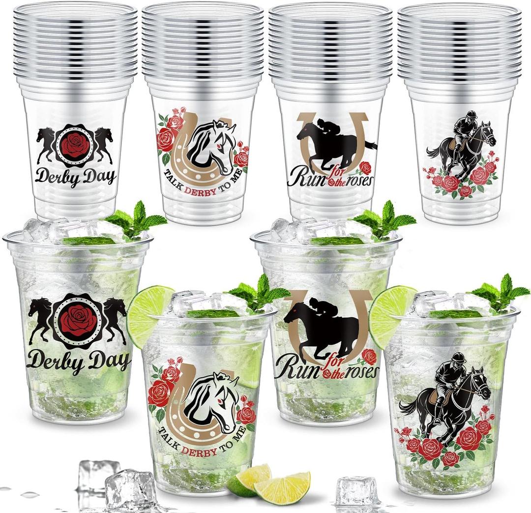 M AMFEOV Derby Plastic Cups Bulk, 48 Pcs Derby Mint Julep Cups for Derby Party Supplies, 16oz Horse Racing Party Decorations Supplies, Plastic Derby Cup for Horse Racing Party Decor