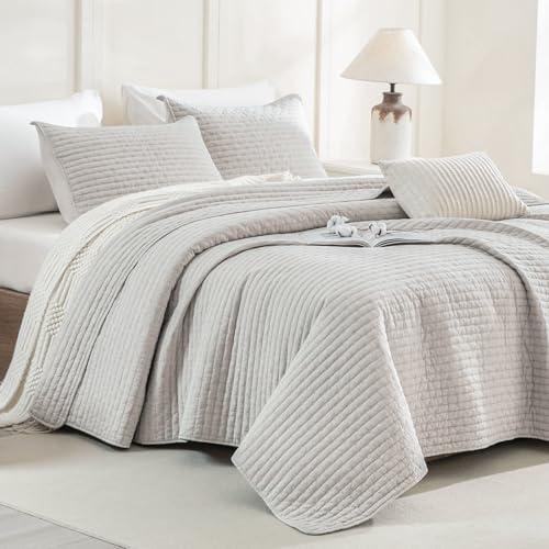 CozyTide Oversized King Bedspread 128"x120",Stone-Washed Cotton King Quilt Bedding Set Oversized,3 Pieces Soft Lightweight Wheat Stitching Pattern Extra Large Bedspread & Coverlet Sets