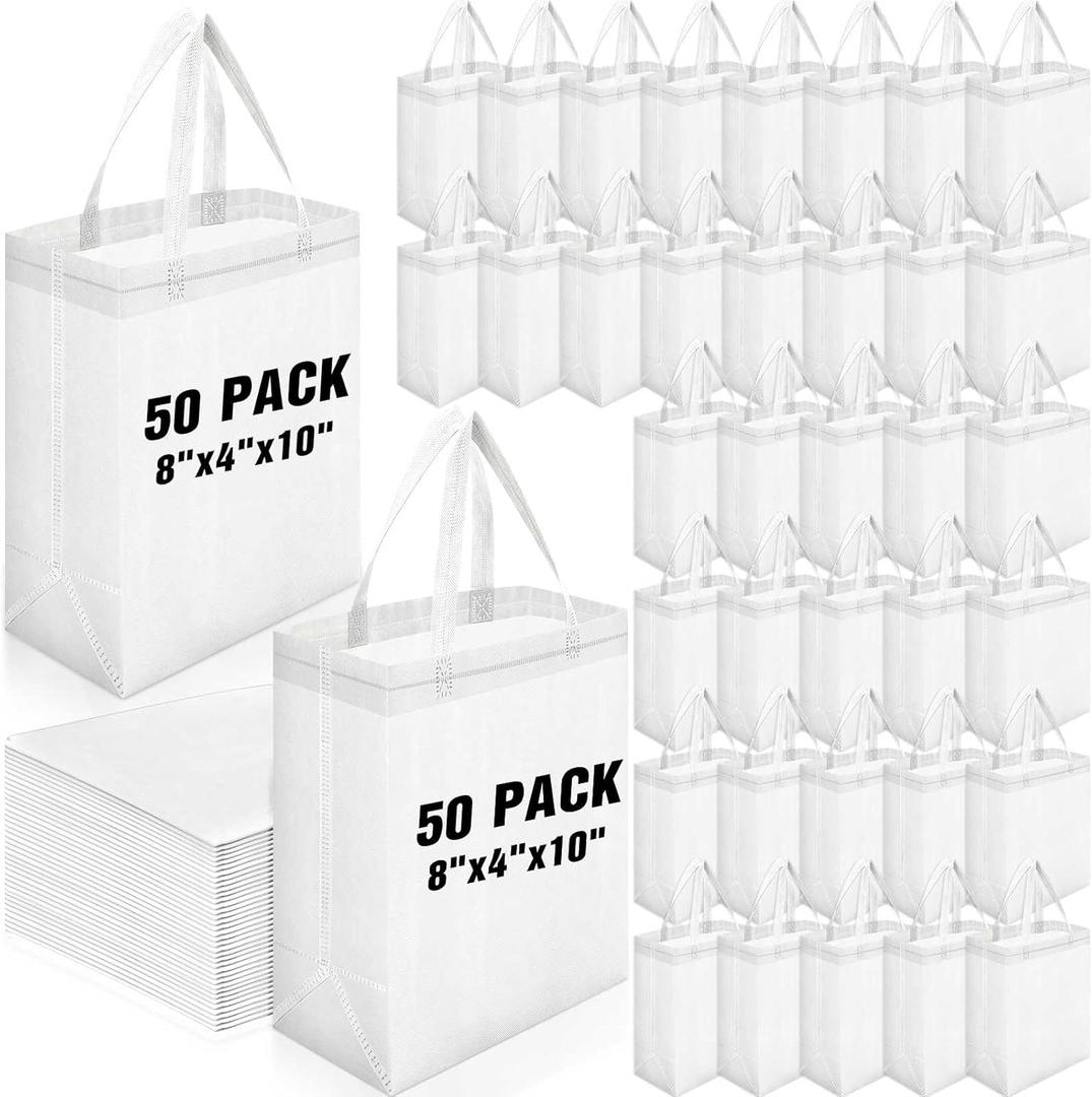 Windyun 50 Pcs Reusable Tote Bag Bulk 8 x 4 x 10 Inch Non Woven Shopping Bag with Handle Reusable Grocery Gift Tote (White)