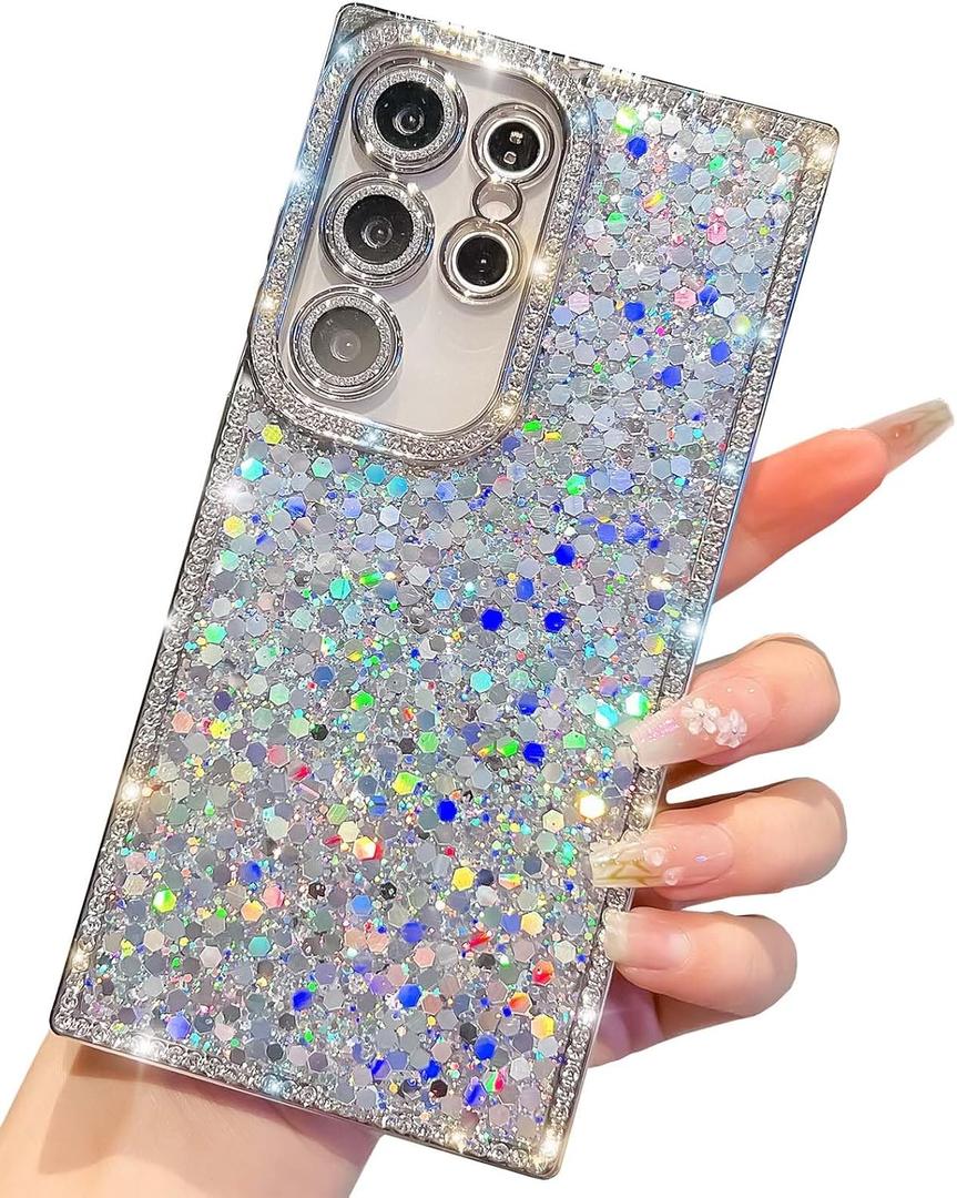 Trendy Girly Glitter Powder Compatible with Sumsung Galaxy Rectangle Case, Elegent Cute Slim Women Bling Diamond Rhinestones Plating Phone Cases(Silver,S25 Ultra)
