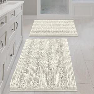 Non Slip Thick Shaggy Chenille Bathroom Rug Mat Set Extra Soft and Absorbent Striped Floor Rugs, 2 Piece, Machine-Washable (Cream)