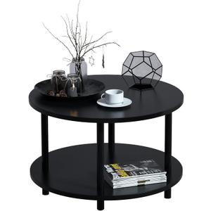 Small Round Coffee Table with Open Storage for Small Space, 23.5" Black 2-Tier Wooden Center Table for Living Room, Metal Legs, Easy to Assemble