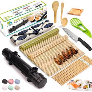 Sushi Making Kit, 22pcs Roller Maker for Beginners With Guide Book, Bazooka, Knife, Mat, Avocado Slicer, Chopsticks, Sauce Dishes & More - Sushi Lover's Gift (Black2)