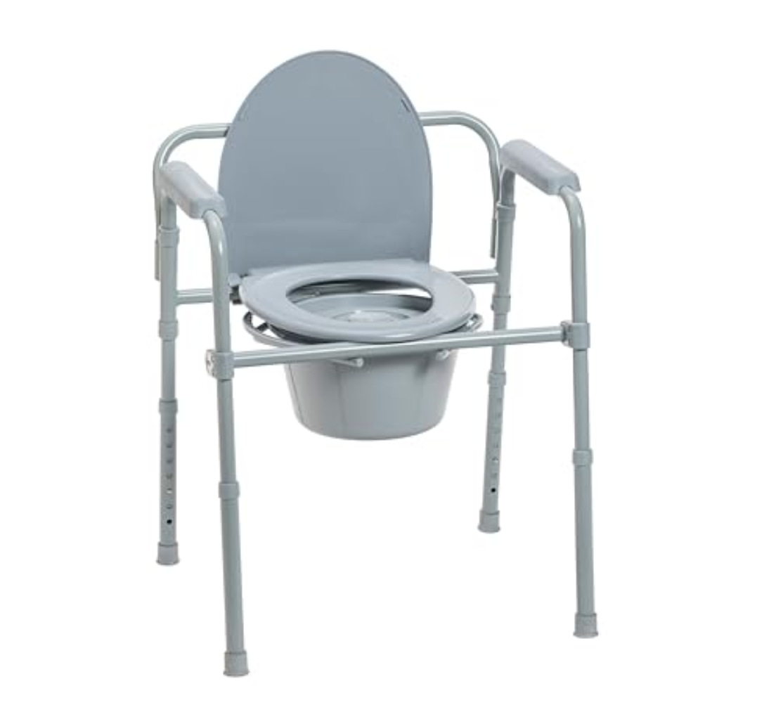 Drive Medical 11148-1 Folding Steel Bedside Commode Chair, Portable Toilet, Supports Individuals Weighing Up To 350 Lbs, with 7.5 Qt. and 13.5 Inch Seat, Grey