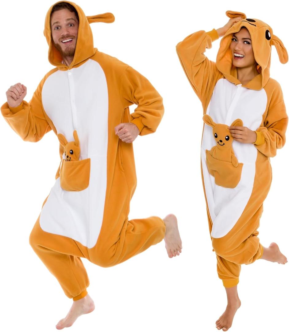 Funziez! Adult Onesie Halloween Costume Animal Dinosaur Shark Unisex Plush One Piece Cosplay Suit for Adults, Men and Women (Large, Kangaroo)