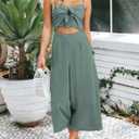 Women's Summer Spaghetti Straps V Neck Cutout High Waist Wide leg Jumpsuits Rompers with Pockets, Grey Blue L