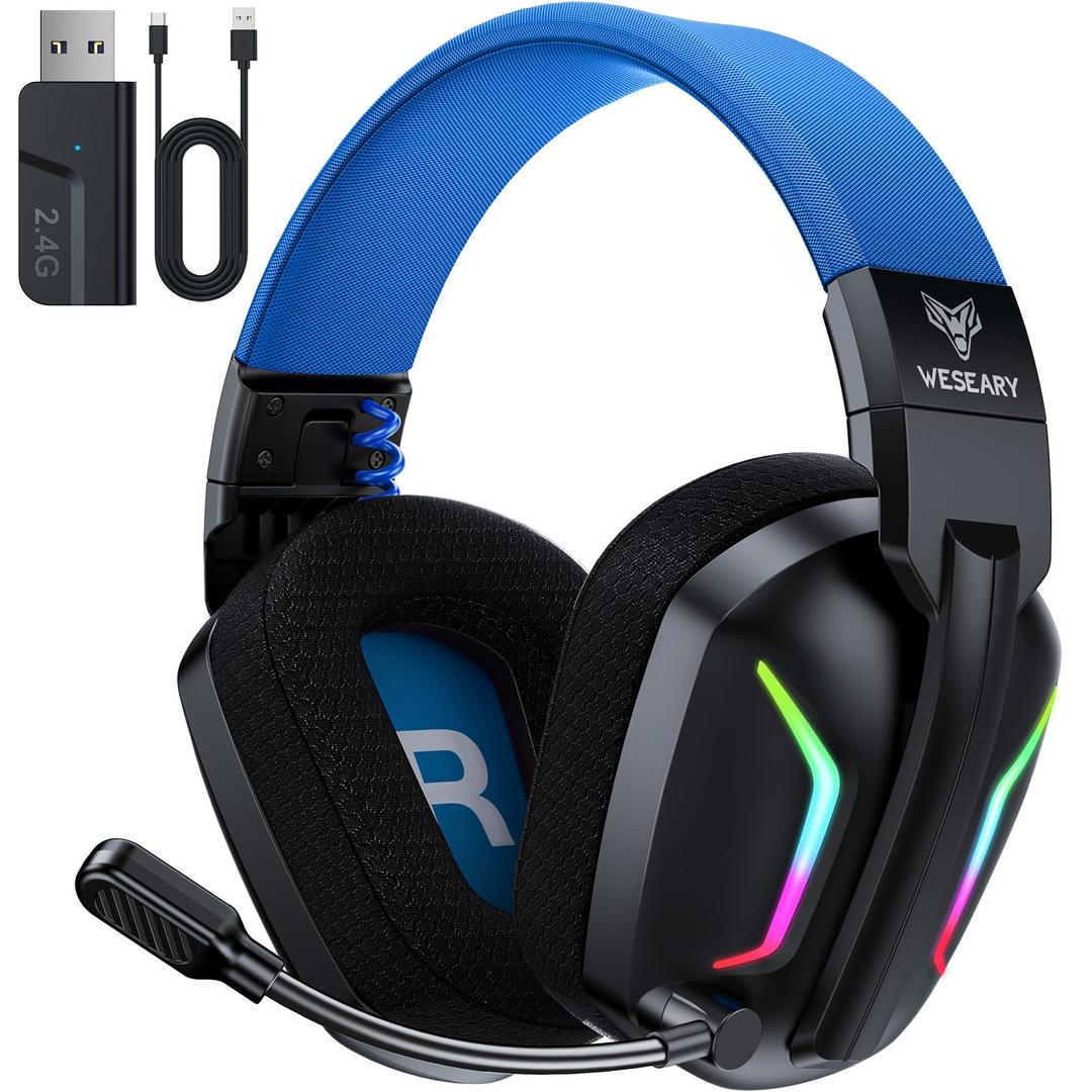 WESEARY Wireless Gaming Headset for PC, PS5, PS4, Switch, Mac, 2.4GHz Wireless Gaming Headphones with ENC Noise Canceling Microphone, Bluetooth 5.4, Cool Lighting, 50H Battery, 50mm Drivers