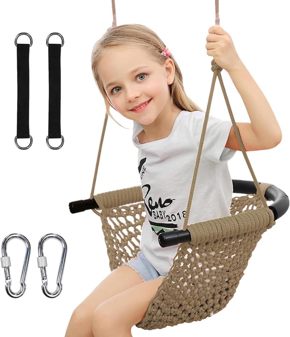 Hand-Knitting Toddler Swing, Swing Seat for Kids with Adjustable Ropes, Little tikes Swings Set, for Outdoor Indoor, Playground, Backyard (Light Brown)