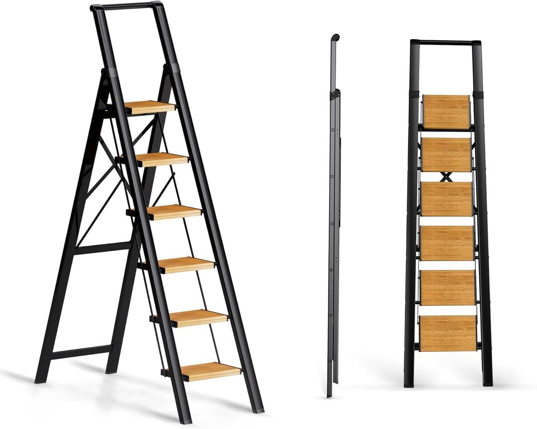 6 Step Ladder for 12 Ft High Ceiling, Folding Step Stool with Handgrip & Anti-Slip Wide Pedal, Portable Aluminum Stepladder for Kitchen, Home (300 lbs Capacity) - Black+Wood Grain