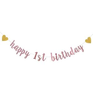 XIAOLUOLY Rose Gold Glitter Banner,Pre-Strung,1st Birthday Party Decorations Bunting Sign Backdrops,Happy 1st Birthday