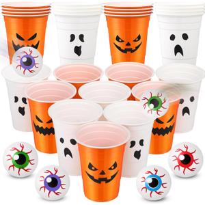 30 Pack Halloween Party Supplies Includes 22 Pcs Beer Cups with Halloween Designs and 8 Pcs 1.5In Fake Eye Balls for Party Favors Indoor Outdoor Nighttime Competitive(Pumpkin Ghost)
