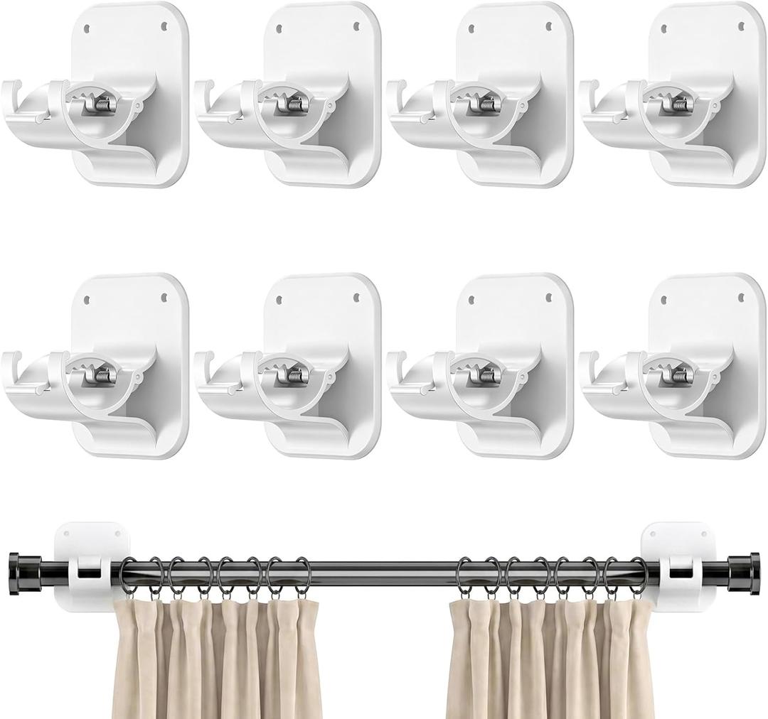 No Drill Curtain Rod Brackets - 20LB, 8 Pack Self Adhesive Curtain Rod Holder, Peel and Stick Wall Hooks, Renter Friendly Upgrades for Apartment, Kitchen, Bathroom, Dorm, Living Room and RV, White