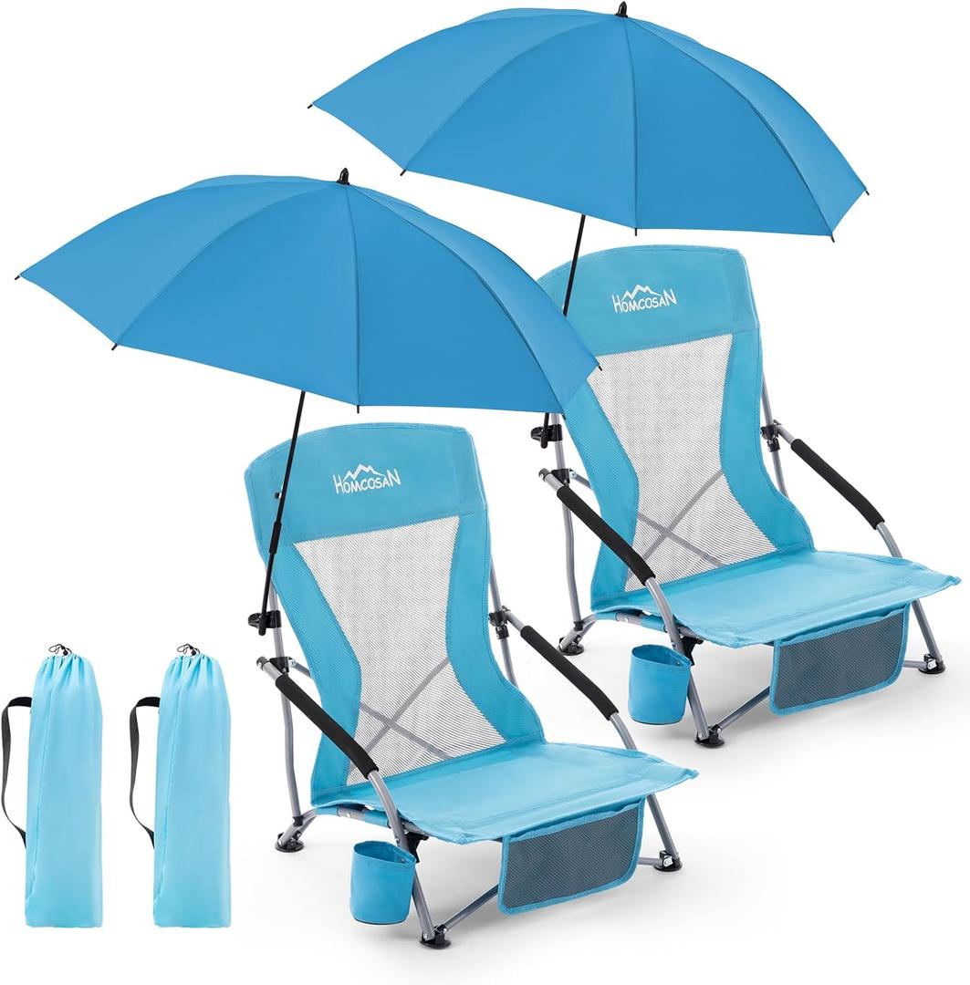 Homcosan Portable Low Folding Beach Chairs Set of 2 with Detachable Umbrellas - Lightweight Camping Chairs for Adults with Cup Holder & Storage Pockets, Carry Bag Included (Blue)