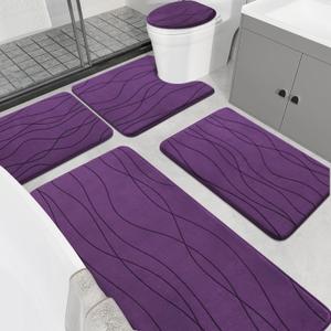 YIHOUSE Memory Foam Purple Bathroom Rug Sets 5 Piece, Ultra Absorbent Bath Mat for Bathroom - Non-Slip Machine Washable & Dry Quickly, 5 Piece Bathroom Mat Set, Purple, 1'8" x 3'10"