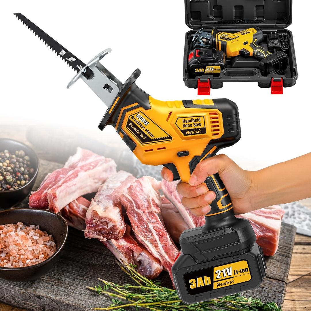 Newhai Cordless Electric Bone Saw, 600W Handheld Butcher Tool with 3000mAh Battery, Variable Speed Home Butcher Saw with 5 Blades for Cutting Ribs, Frozen Meat, Poultry Bones