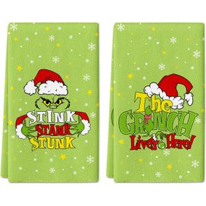Merry Christmas Hand Towels Set of 2,Xmas Green Hand Towels for Bathroom Decorative Soft Absorbent Washcloths for Winter Holiday Home Indoor Party 18"x26"