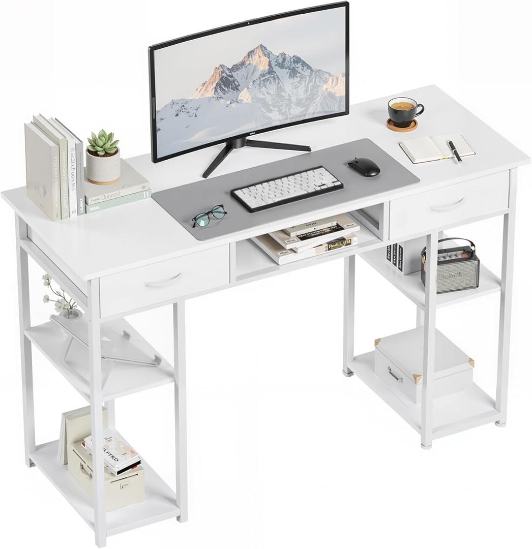 OLIXIS Desk with Storage Fabric Drawers-48 Inch Home Office Computer Desk for Small Space Bedroom,Modern Study Work Gaming Writing Table PC Desks,Chic White