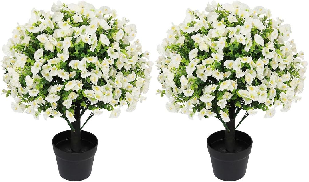 24" Artificial Potted Plants Outdoor Set of 2, UV Resistant Faux White Flowers with Eucalyptus, Decorative Plants in Pots for Front Porch, Patio & Entryway