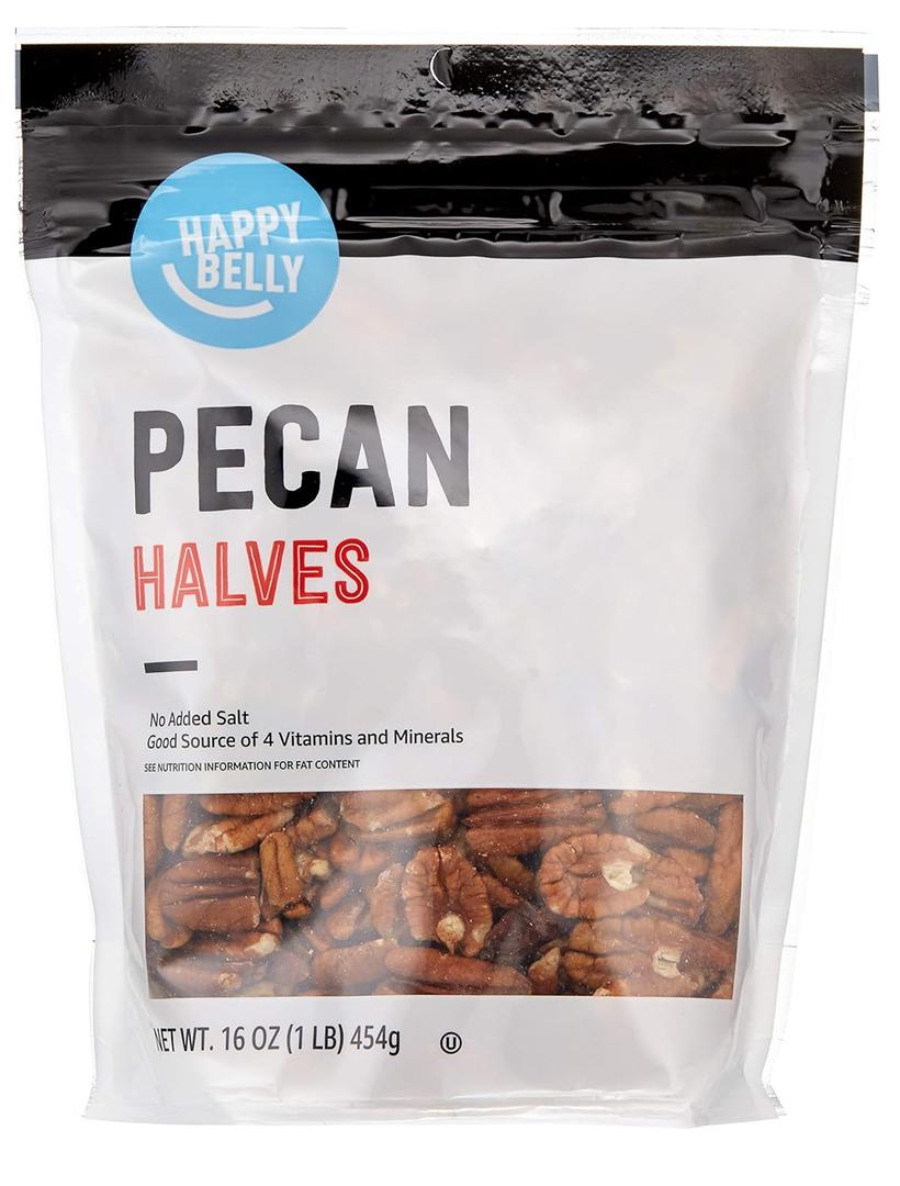 Amazon Brand - Happy Belly Pecan Halves, No Added Salt, 16 ounce (Pack of 1), BB: 04/2027 Amazon Brand - Happy Belly Pecan Halves, No Added Salt, 16 ounce (Pack of 1), BB: 04/2027