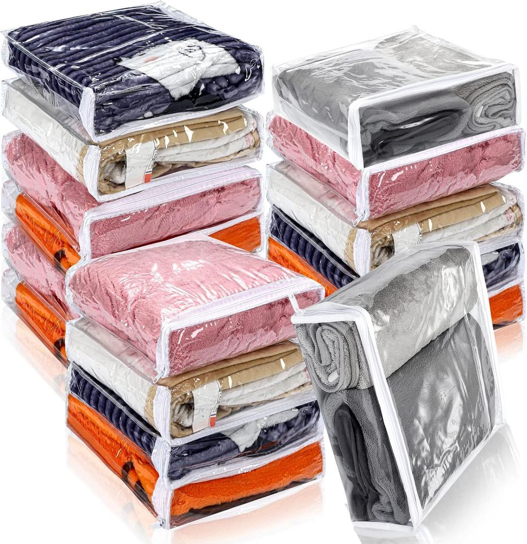Kingdder 16 Pcs Clear Vinyl Zippered Sweater Storage Bags with Zipper Plastic Sheet Organizer and Storage for Clothing Blankets Sheet Linen Bed Pillow Cube Organizer(10 x 10 x 2.5 Inch)