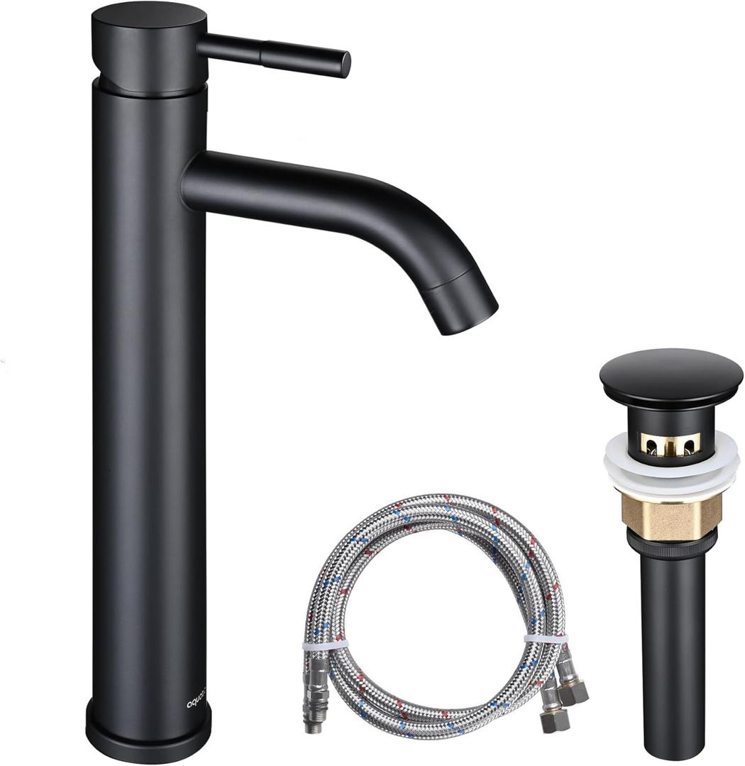 GGStudy Matte Black Bathroom Faucet Single-Handle 1 Hole Black Bathroom Vessel Sink Faucet Matching Pop Up Drain