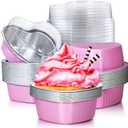20 Sets Aluminum Foil Cake Pan Heart Shaped Cupcake Cup with Lids 100 ml/ 3.4 Ounces Disposable Mini Cupcake Cup Flan Baking Cups for Valentine Mother's Day Wedding Xmas Birthday(Pink)