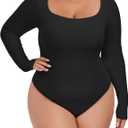 FOREYOND Plus Size Bodysuits for Women Long Sleeve Scoop Neck Bodysuit Sexy One Piece Body Suit Tops (XX-Large, Black)