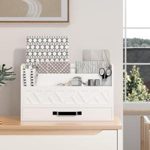 WISUCART Bamboo Mail Organizer Countertop Wood Desk Organizer Drawer Tabletop Storage Box Letter Sorter Makeup Organizer for School Home Office Supplies White