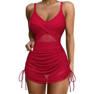 SUUKSESS Women One Piece Swim Dress Tummy Control Swimsuit Mesh Bathing Suit (Medium, 115 Red)