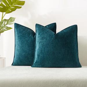 JUSPURBET 18x18 Throw Pillow Covers Set of 2 Decorative Pillow Covers for Couch Sofa Bed Cozy Chenille Cushion Covers Cases with Invisible Zipper for Living Room Home Decor,Peacock Blue