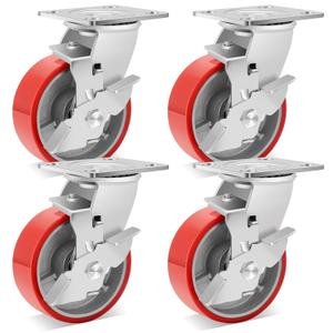 W B D WEIBIDA 5 Inch Heavy Duty Casters Set of 4, 4000 LBS Industrial Caster Wheels No Noise Polyurethane Wheel with Steel Hub Swivel Plate Castors for Shelving, Gantry Crane, Platform Truck(4 Brake)