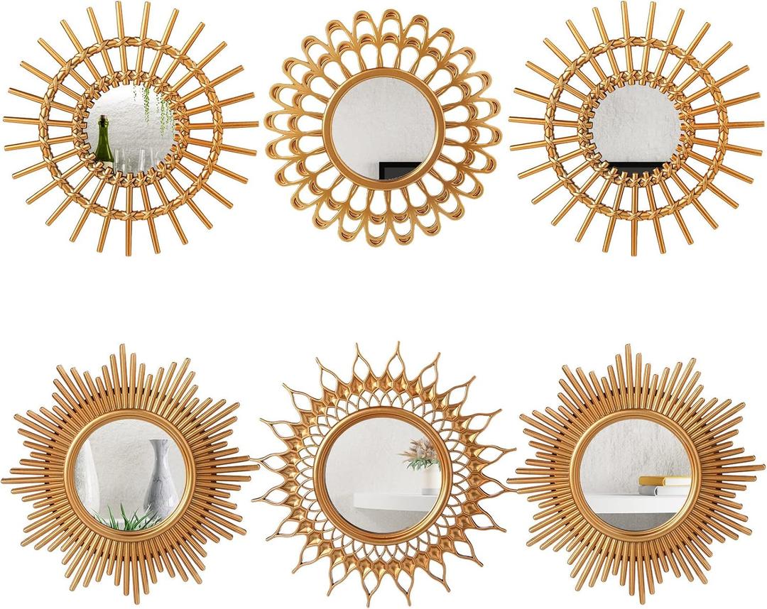 Namalu 6 Pcs Sunburst Mirror for Wall Decor, Small Circle Sun Decorative Mirror Hanging for Art Entryway Home Decor Bathroom Bedroom Living Room(Classic, Gold)